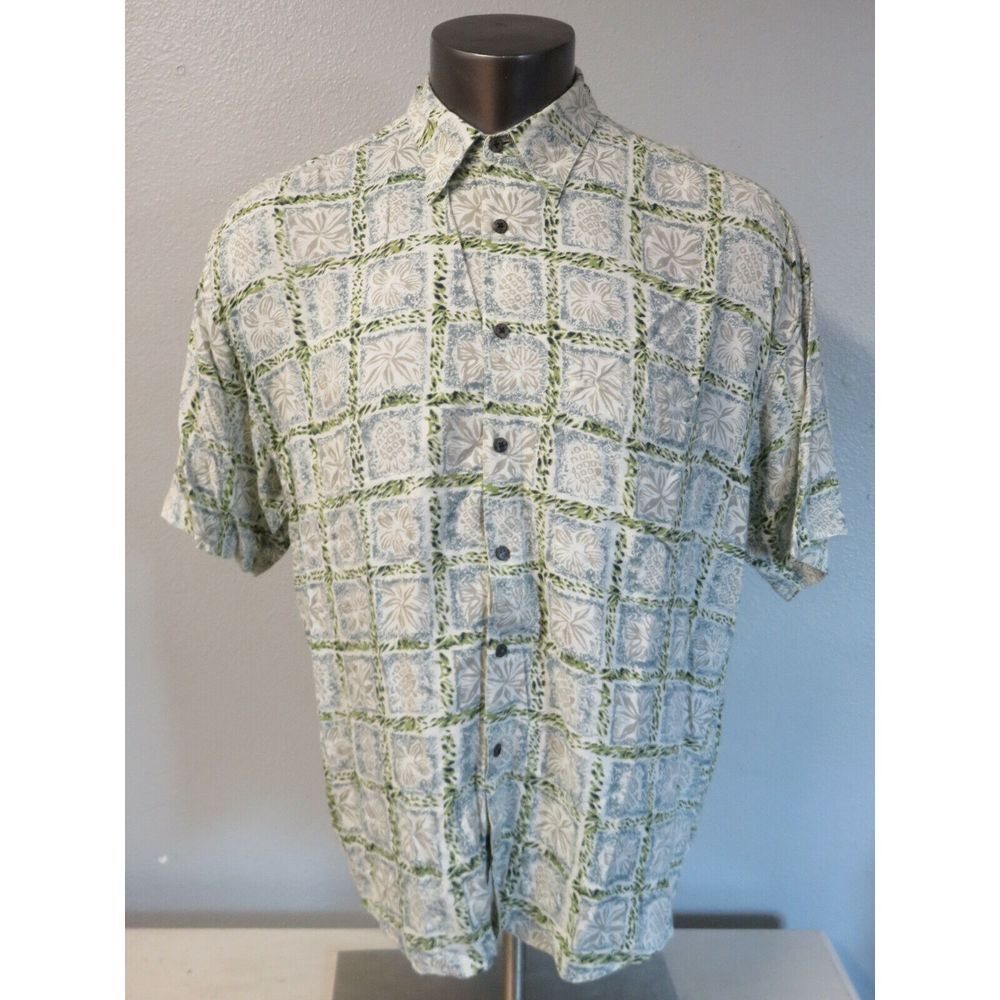 Mens NAK Shirt Floral Pineapple Short Sleeve Button‎ Front Rayon Size L Green